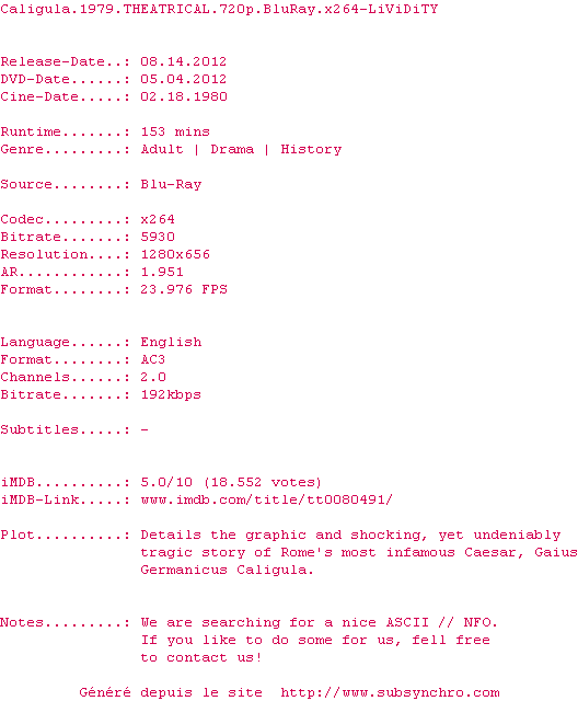 Nfo de la release Caligula.1979.THEATRICAL.720p.BluRay.x264-LiViDiTY
