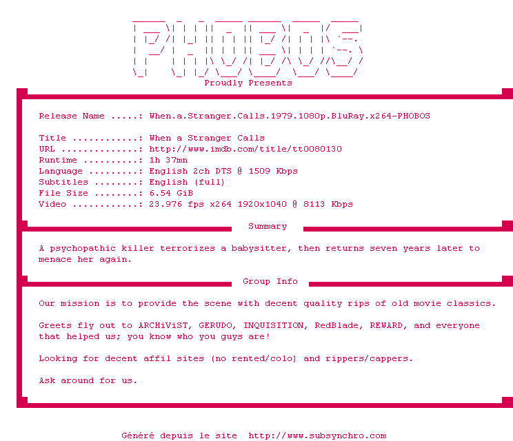 Nfo de la release When.a.Stranger.Calls.1979.1080p.BluRay.x264-PHOBOS