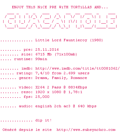 Nfo de la release Little.Lord.Fauntleroy.1980.1080p.BluRay.x264-GUACAMOLE