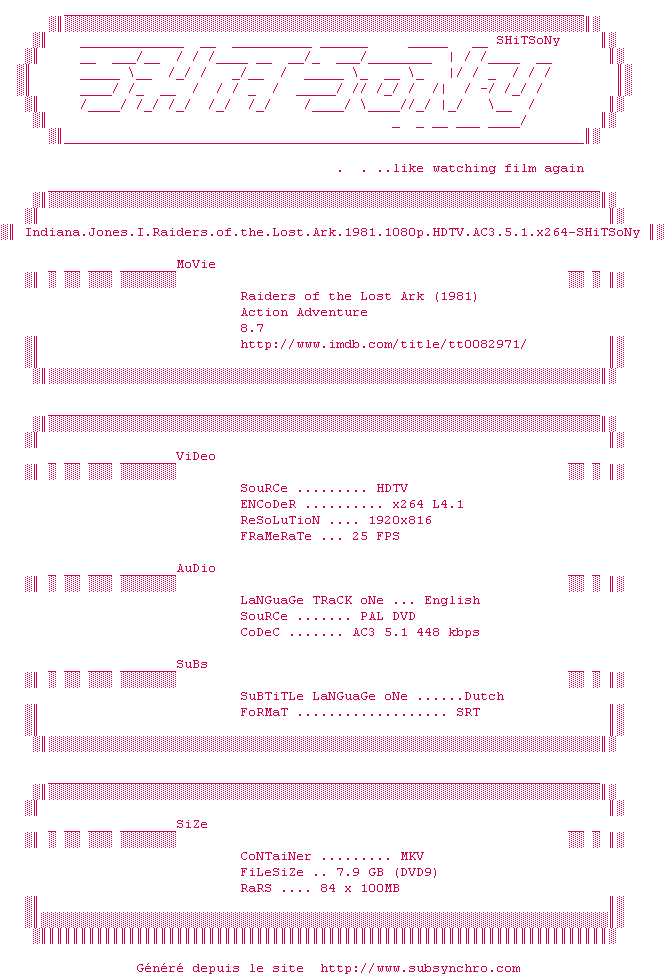 Nfo de la release Indiana.Jones.I.Raiders.of.the.Lost.Ark.1981.1080p.HDTV.AC3.5.1.x264-SHiTSoNy
