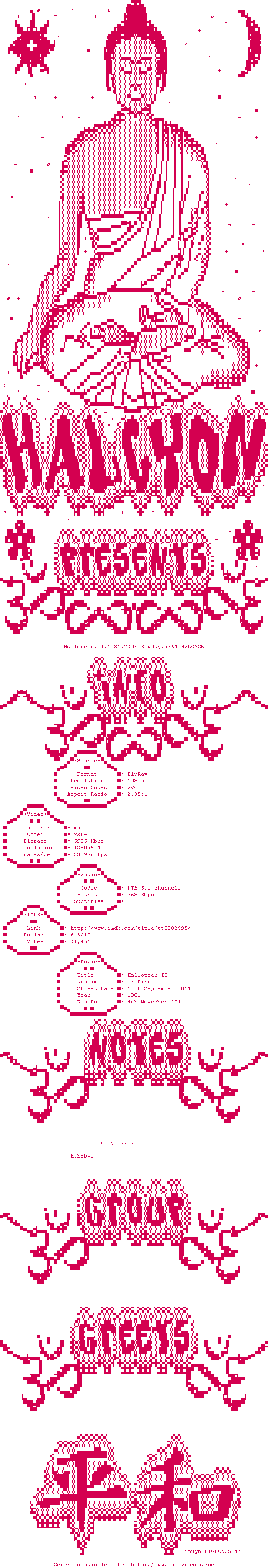 Nfo de la release Halloween.II.1981.720p.BluRay.x264-HALCYON