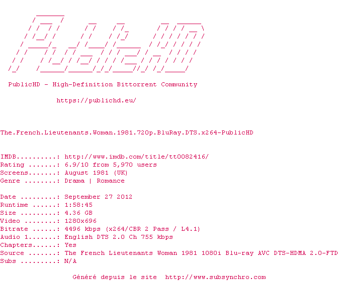 Nfo de la release The.French.Lieutenants.Woman.1981.720p.BluRay.DTS.x264-PublicHD