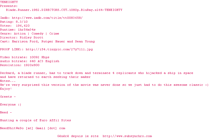 Nfo de la release Blade.Runner.1982.DIRECTORS.CUT.1080p.BluRay.x264-TENEIGHTY