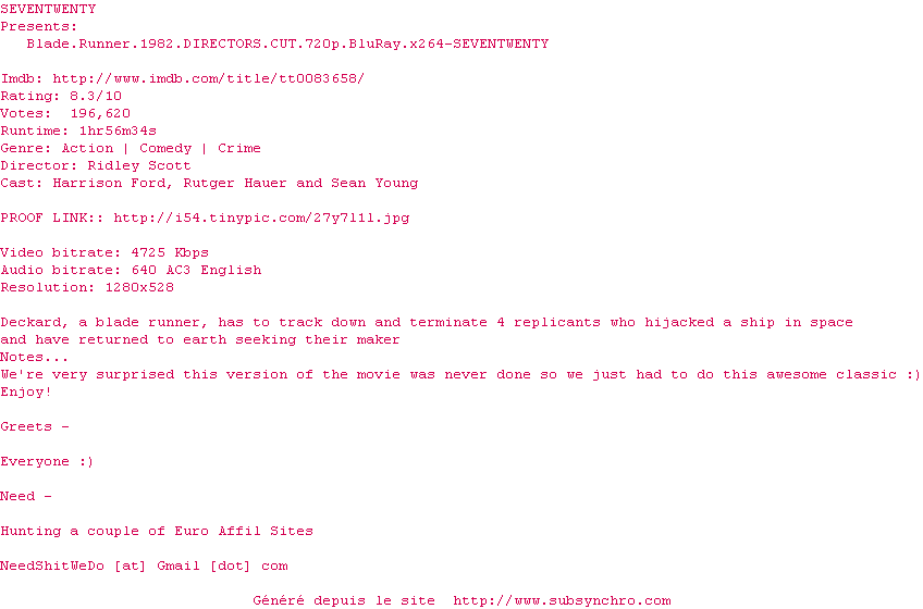 Nfo de la release Blade.Runner.1982.DIRECTORS.CUT.720p.BluRay.x264-SEVENTWENTY