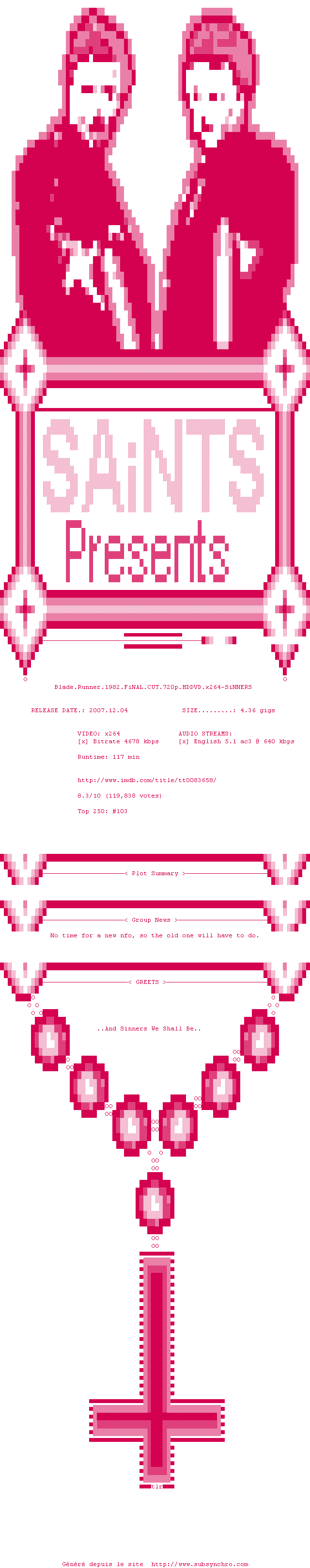Nfo de la release Blade.Runner.1982.FiNAL.CUT.720p.HDDVD.x264-SiNNERS