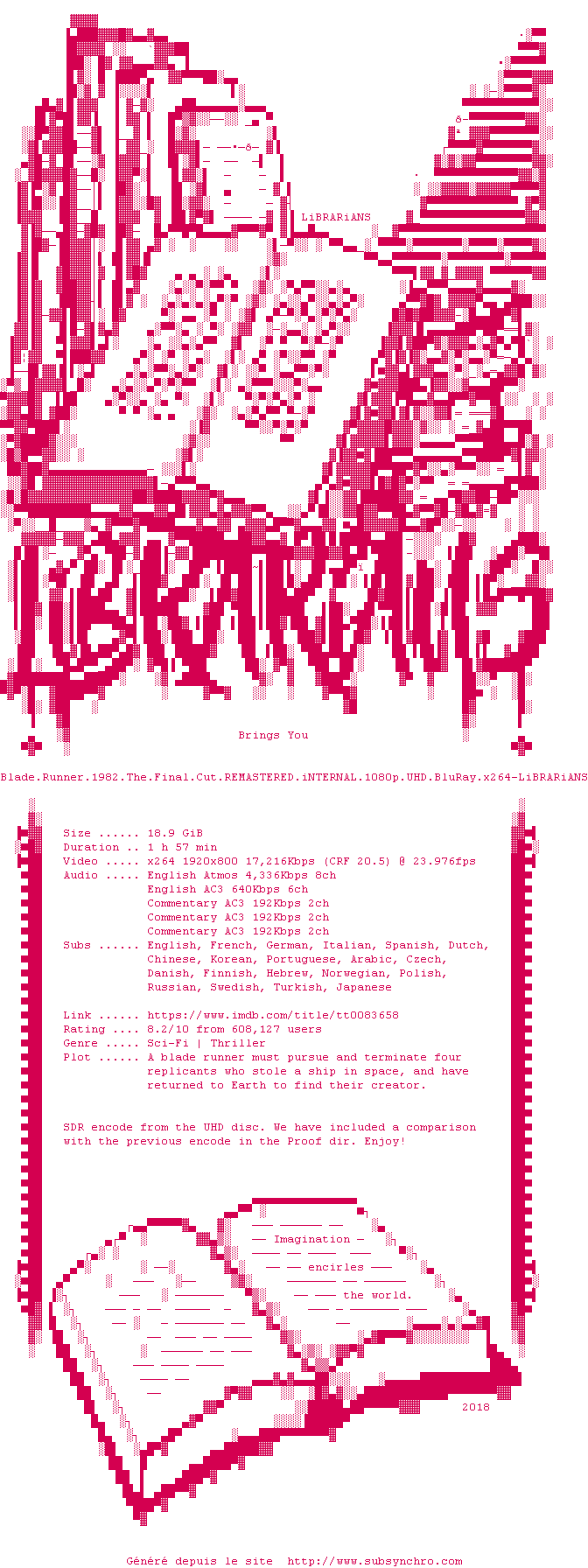 Nfo de la release Blade.Runner.1982.The.Final.Cut.REMASTERED.iNTERNAL.1080p.UHD.BluRay.x264-LiBRARiANS