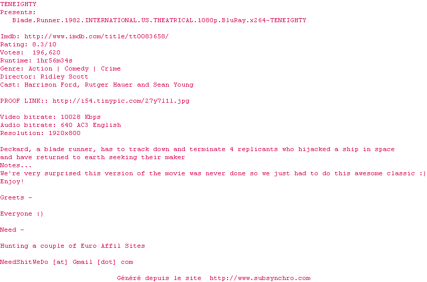 Nfo de la release Blade.Runner.1982.US.INTERNATIONAL.THEATRICAL.1080p.BluRay.x264-TENEIGHTY