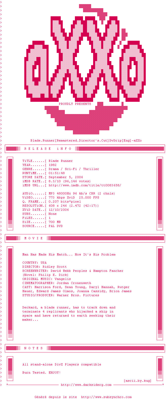 Nfo de la release Blade.Runner.Remastered.Directors.Cut.DvDrip-aXXo