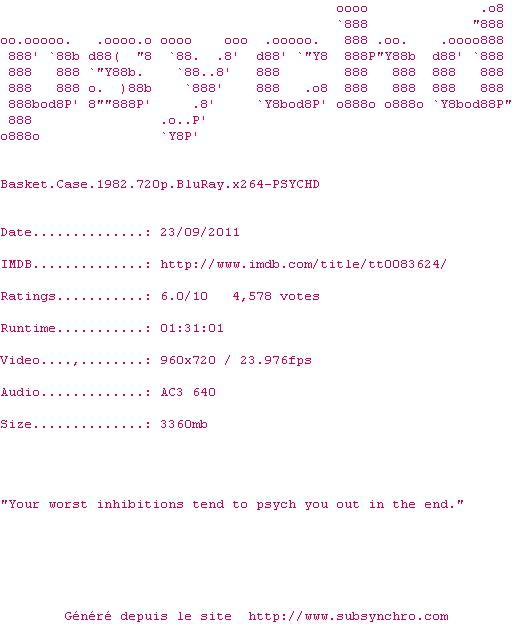 Nfo de la release Basket.Case.1982.720p.BluRay.x264-PSYCHD