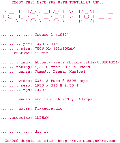 Nfo de la release Grease.2.1982.1080p.BluRay.x264.RERiP-GUACAMOLE