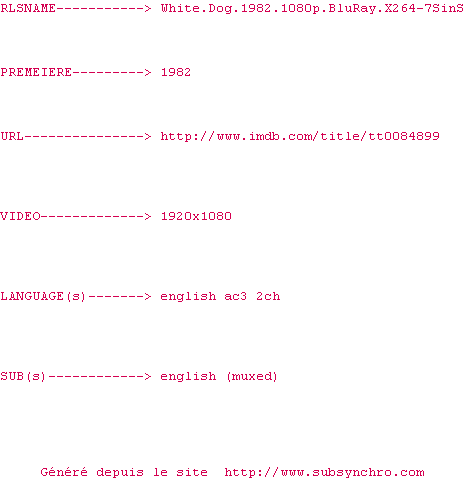 Nfo de la release White.Dog.1982.1080p.BluRay.x264-7SinS