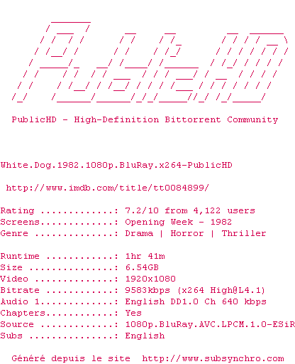 Nfo de la release White.Dog.1982.1080p.BluRay.x264-PublicHD