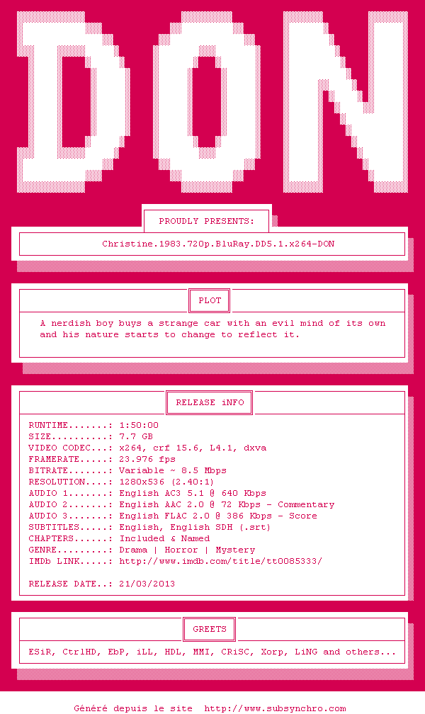 Nfo de la release Christine.1983.720p.BluRay.DD5.1.x264-DON