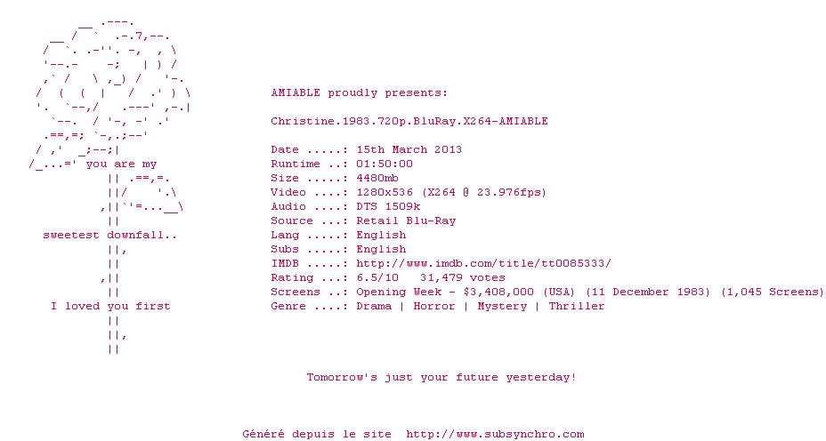 Nfo de la release Christine.1983.720p.BluRay.X264-AMIABLE