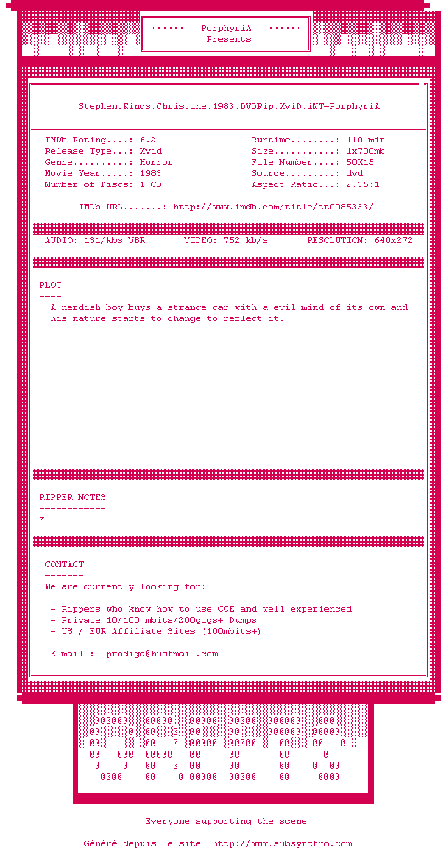Nfo de la release Stephen.Kings.Christine.1983.DVDRip.XviD.iNTERNAL-PorphyriA