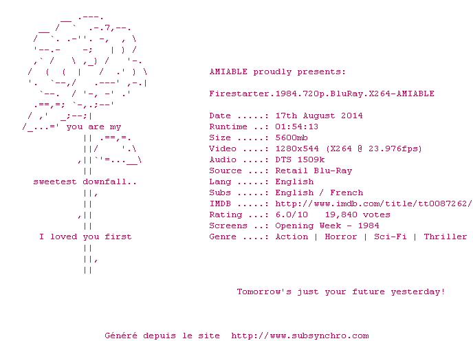 Nfo de la release Firestarter.1984.720p.BluRay.X264-AMIABLE