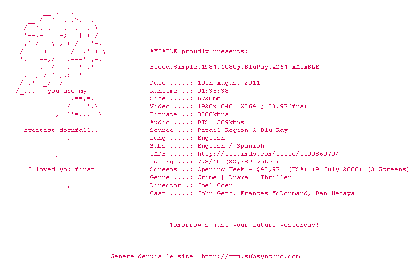 Nfo de la release Blood.Simple.1984.1080p.BluRay.x264-AMIABLE