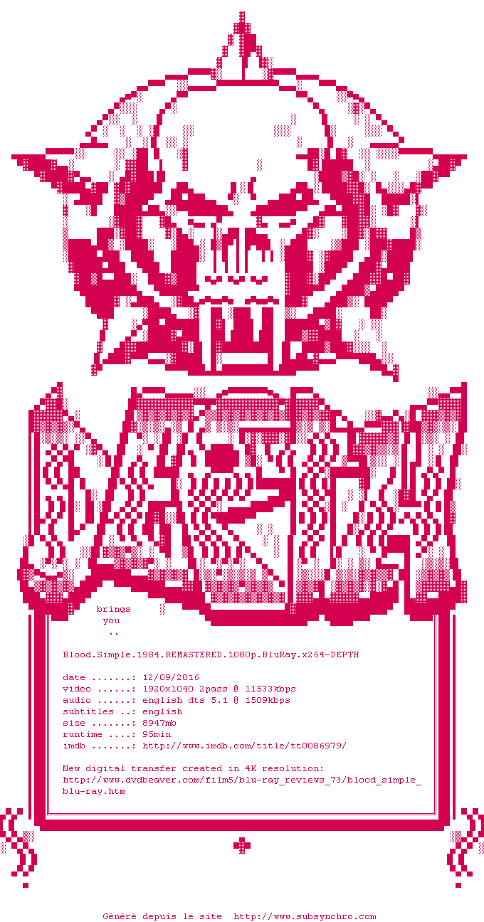 Nfo de la release Blood.Simple.1984.REMASTERED.1080p.BluRay.x264-DEPTH
