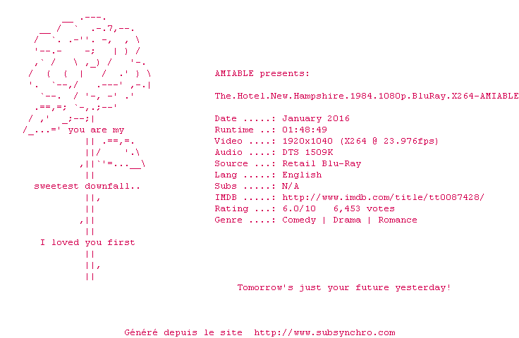 Nfo de la release The.Hotel.New.Hampshire.1984.1080p.BluRay.x264-AMIABLE