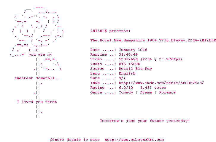 Nfo de la release The.Hotel.New.Hampshire.1984.720p.BluRay.x264-AMIABLE