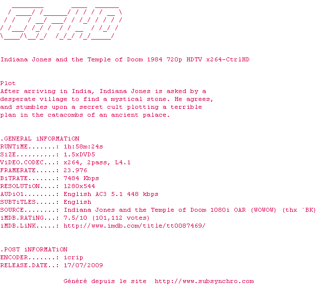 Nfo de la release Indiana.Jones.and.the.Temple.of.Doom.1984.720p.HDTV.x264-CtrlHD