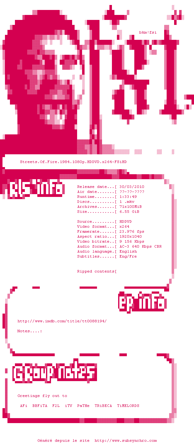 Nfo de la release Streets.Of.Fire.1984.1080p.HDDVD.x264-FSiHD