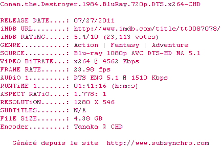 Nfo de la release Conan.The.Destroyer.1984.720p.BluRay.x264-CHD