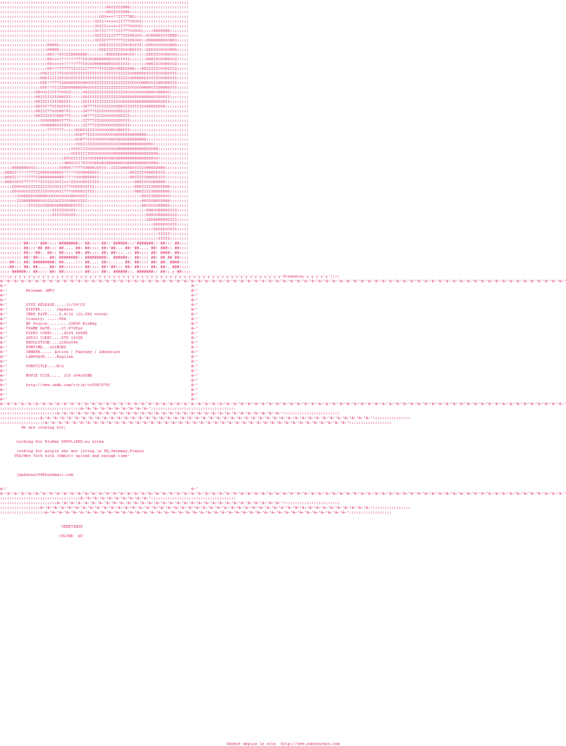 Nfo de la release Conan.The.Destroyer.1984.720p.BluRay.x264-Japhson