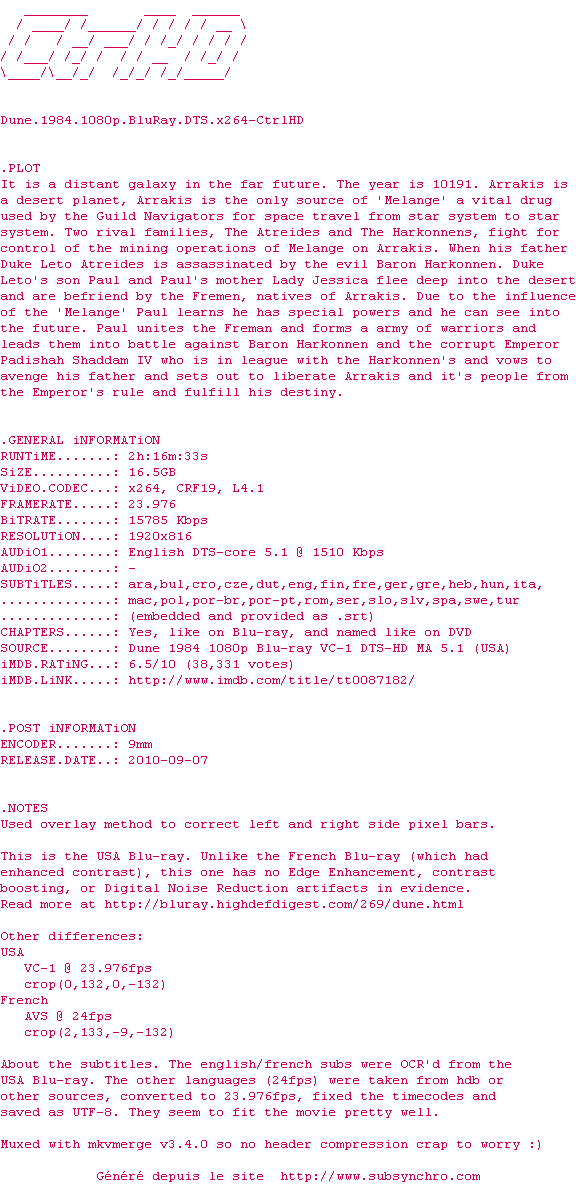 Nfo de la release Dune.1984.1080p.BluRay.DTS.x264-CtrlHD