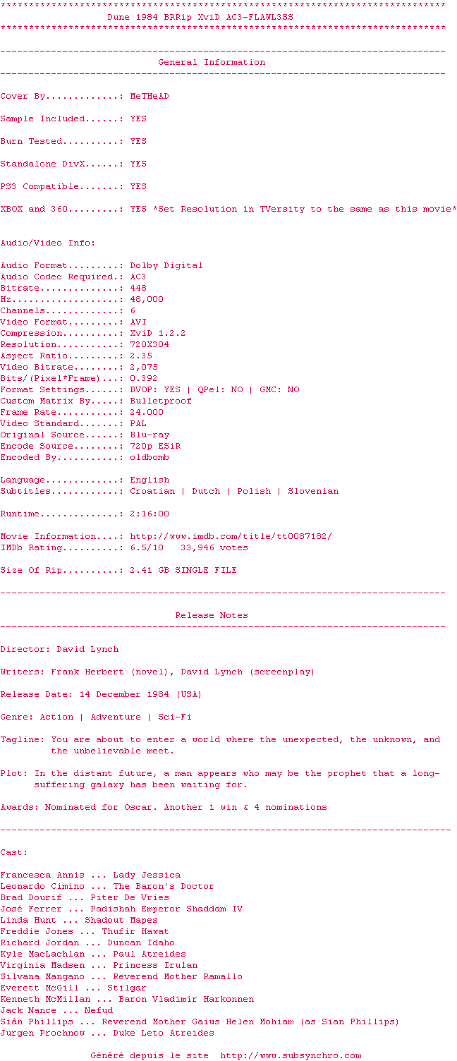 Nfo de la release Dune.1984.BRRip.XviD.AC3-FLAWL3SS