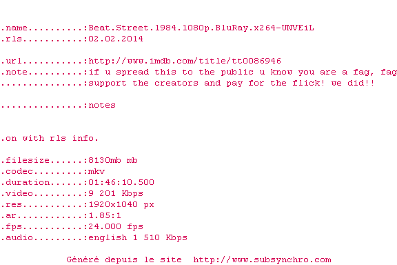 Nfo de la release Beat.Street.1984.1080p.BluRay.x264-UNVEiL