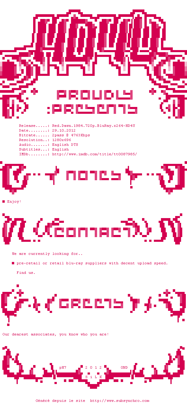Nfo de la release Red.Dawn.1984.720p.BluRay.x264-HD4U