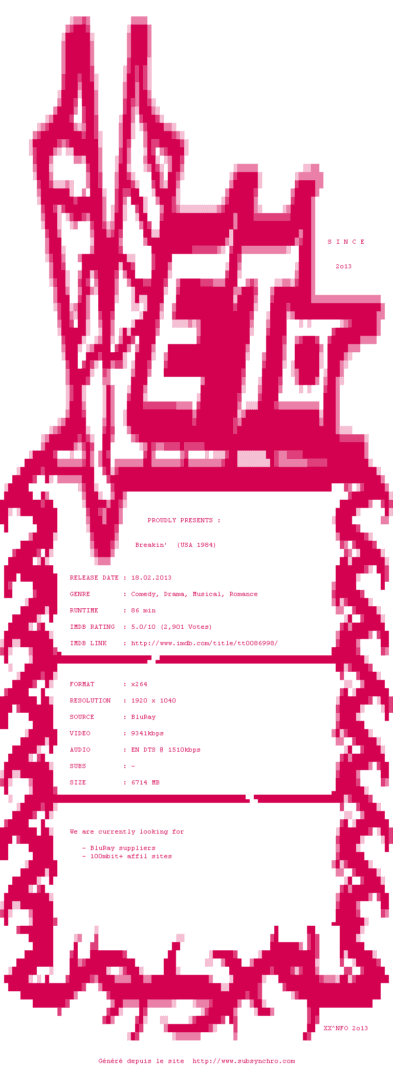 Nfo de la release Breakin.1984.1080p.BluRay.x264-VETO