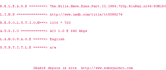 Nfo de la release The.Hills.Have.Eyes.Part.II.1984.720p.BluRay.x264-SONiDO