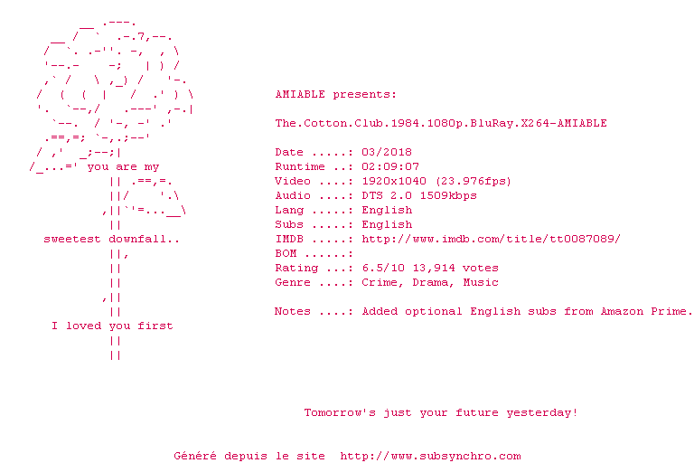 Nfo de la release The.Cotton.Club.1984.1080p.BluRay.x264-AMIABLE
