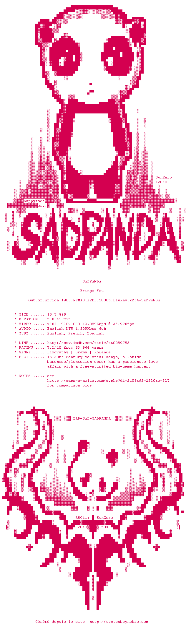 Nfo de la release Out.Of.Africa.1985.REMASTERED.1080p.BluRay.x264-SADPANDA