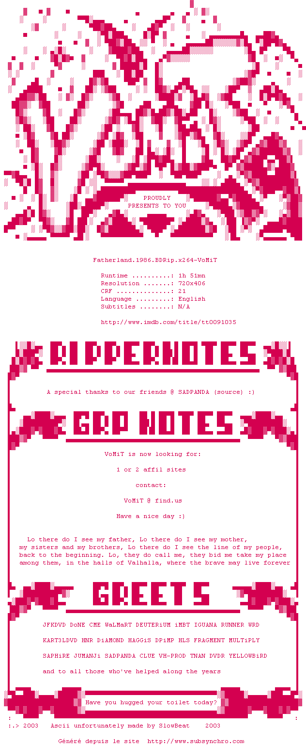 Nfo de la release Fatherland.1986.BDRip.x264-VoMiT