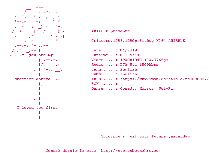 Nfo de la release Critters.1986.1080p.BluRay.x264-AMIABLE