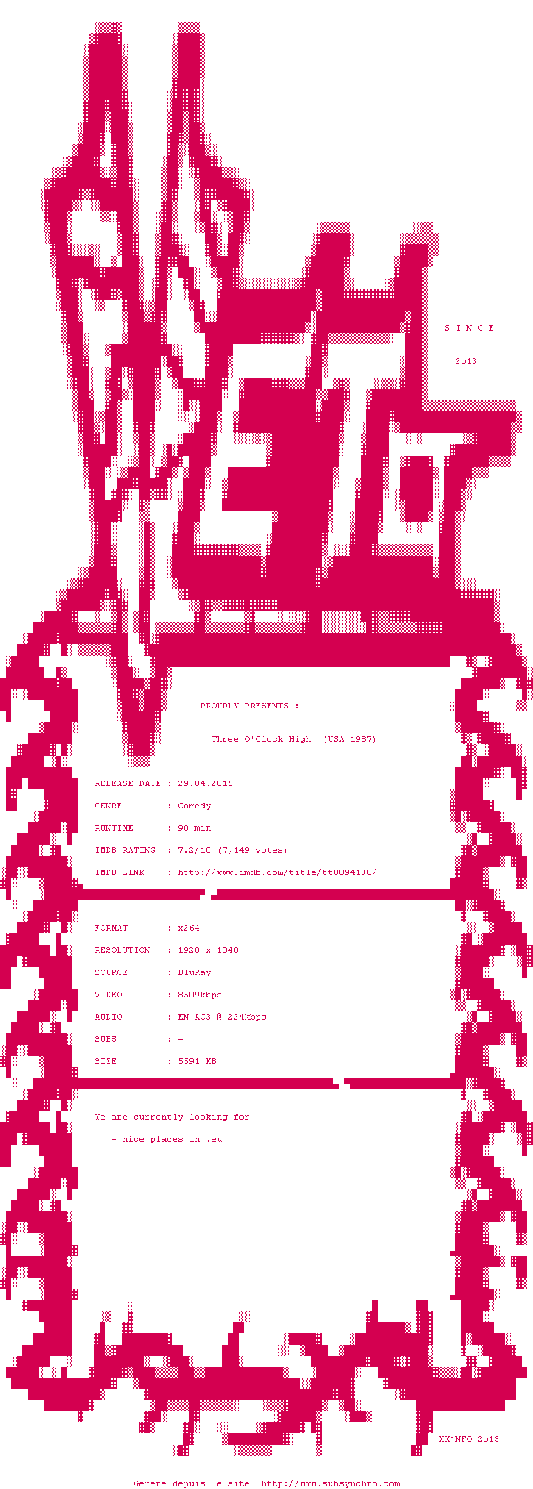 Nfo de la release Three.OClock.High.1987.1080p.BluRay.x264-VETO