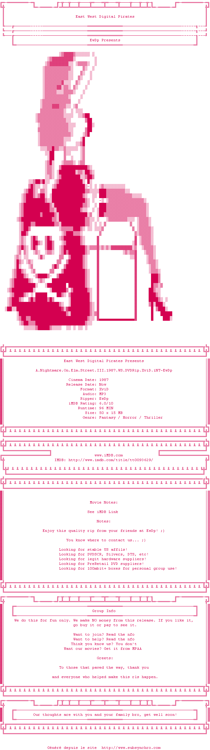 Nfo de la release A.Nightmare.On.Elm.Street.III.1987.WS.DVDRip.XviD.iNT-EwDp