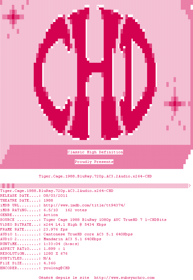 Nfo de la release Tiger.Cage.1988.BluRay.720p.AC3.2Audio.x264-CHD