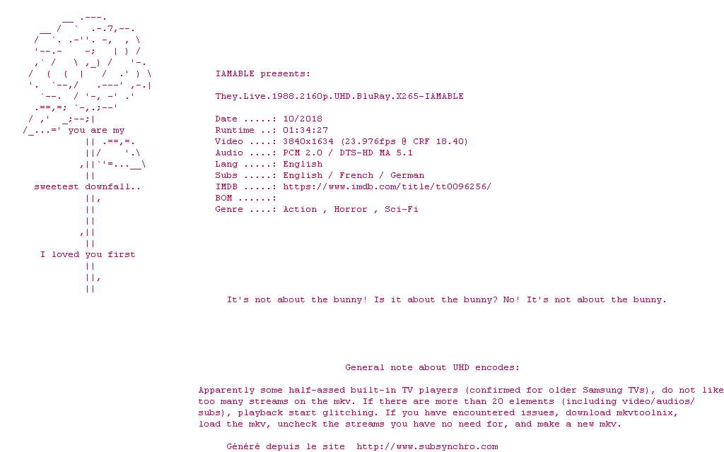 Nfo de la release They.Live.1988.2160p.UHD.BluRay.x265-IAMABLE
