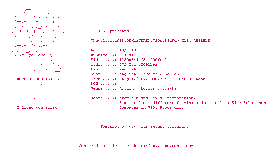 Nfo de la release They.Live.1988.REMASTERED.720p.BluRay.x264-AMIABLE