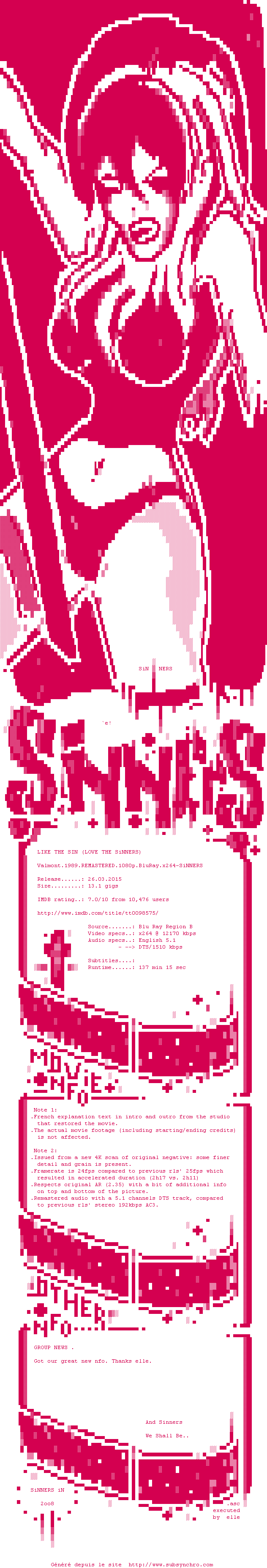 Nfo de la release Valmont.1989.REMASTERED.1080p.BluRay.x264-SiNNERS