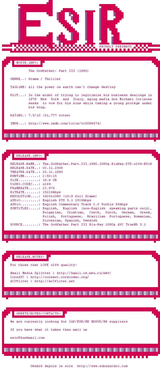 Nfo de la release The.Godfather.Part.III.1990.1080p.BluRay.DTS.x264-ESiR