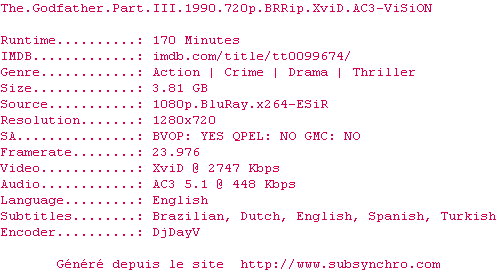Nfo de la release The.Godfather.Part.III.1990.720p.BRRip.XviD.AC3-ViSiON