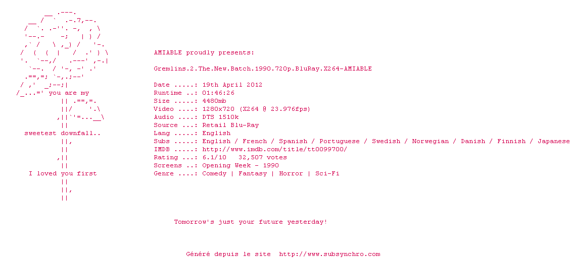 Nfo de la release Gremlins.2.The.New.Batch.1990.720p.BluRay.X264-AMIABLE