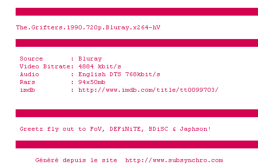 Nfo de la release The.Grifters.1990.720p.Bluray.x264-hV