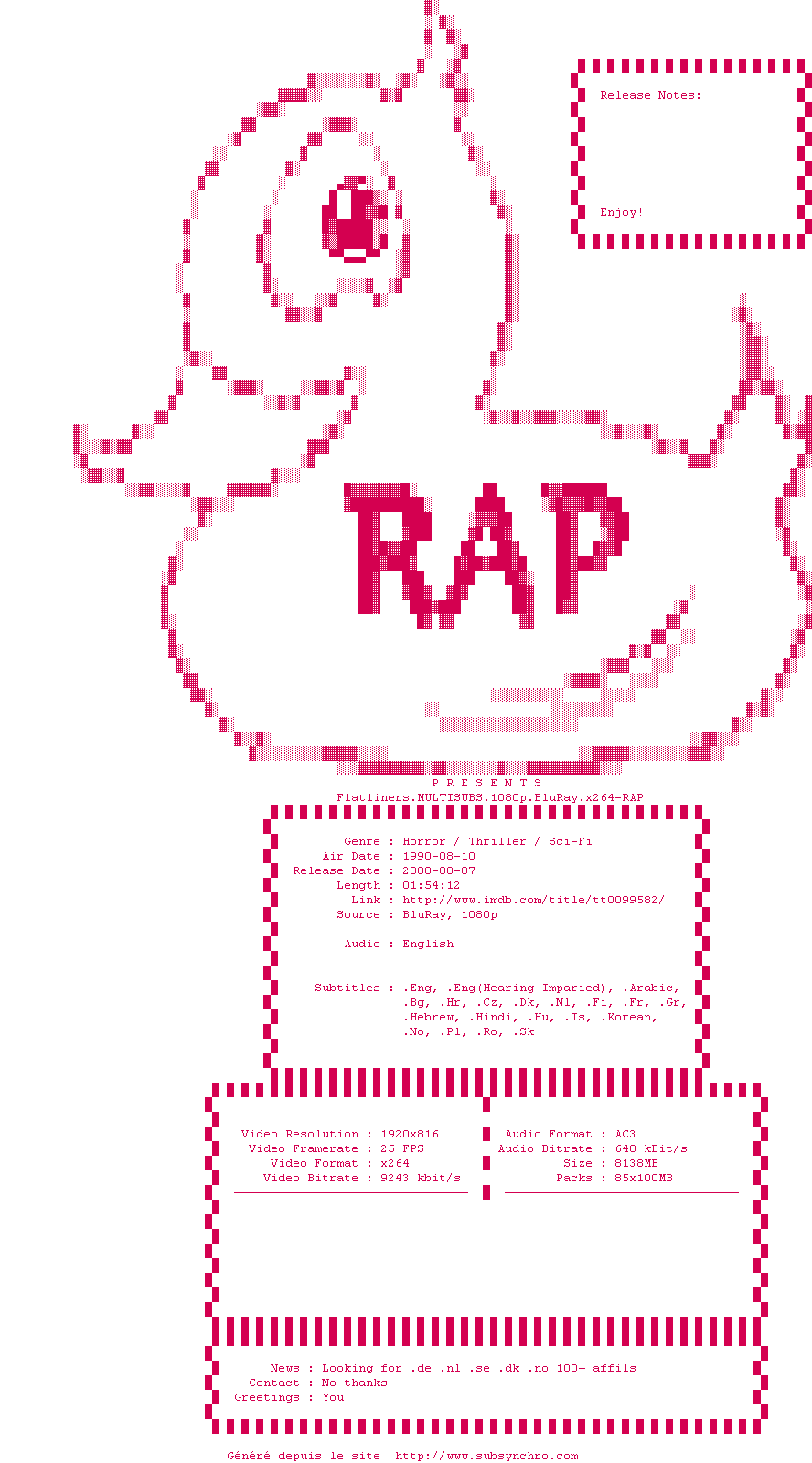 Nfo de la release Flatliners.MULTISUBS.1080p.BluRay.x264-RAP