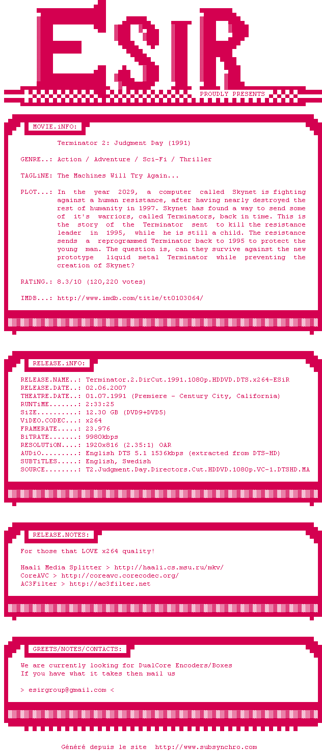 Nfo de la release Terminator.2.DirCut.1991.1080p.HDDVD.DTS.x264-ESiR